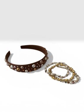 Handmade Pearl & Gold Beaded Bracelet Set + Embellished Headband Boho Glam